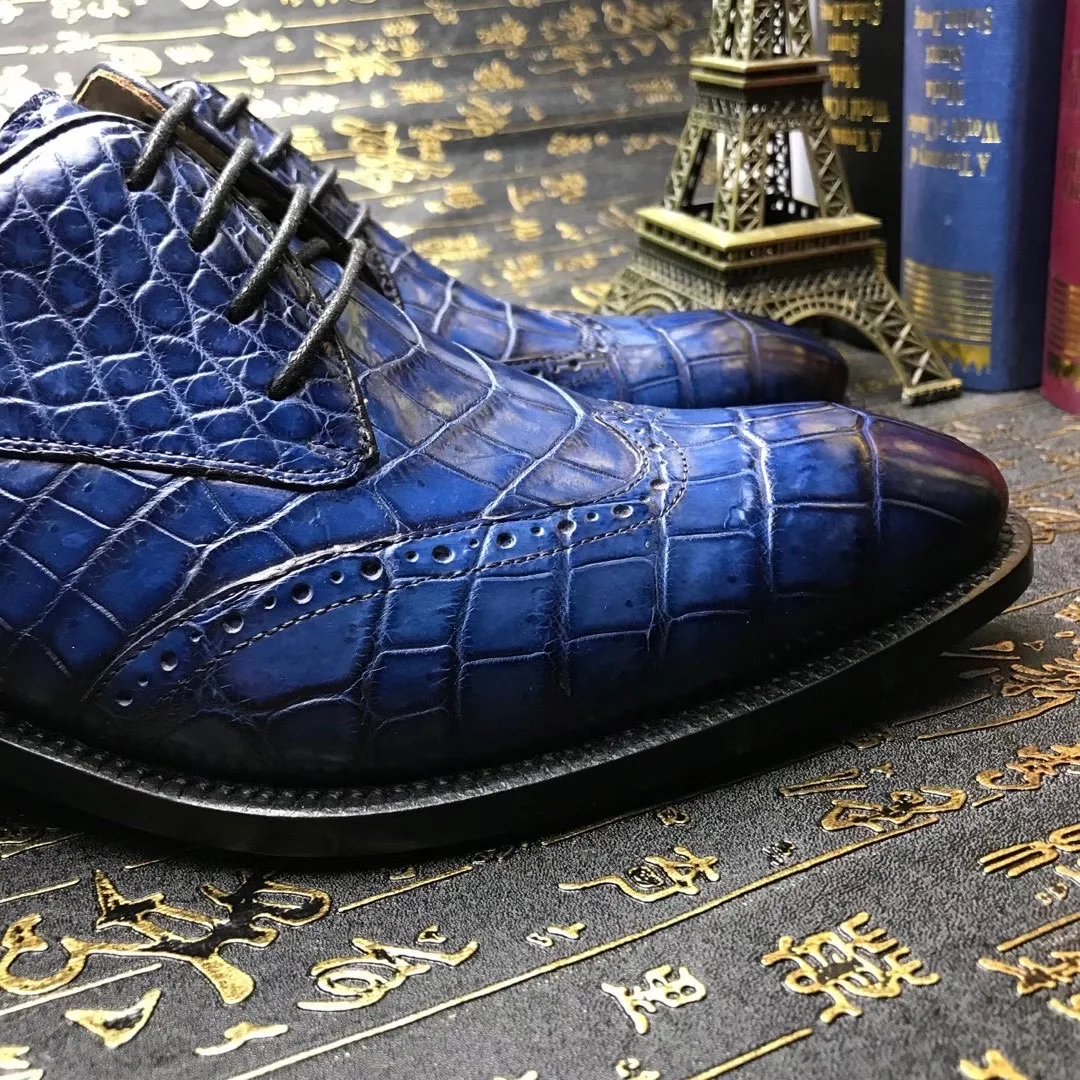 yingshang sepatu formal pria baru sepatu kulit buaya biru santai