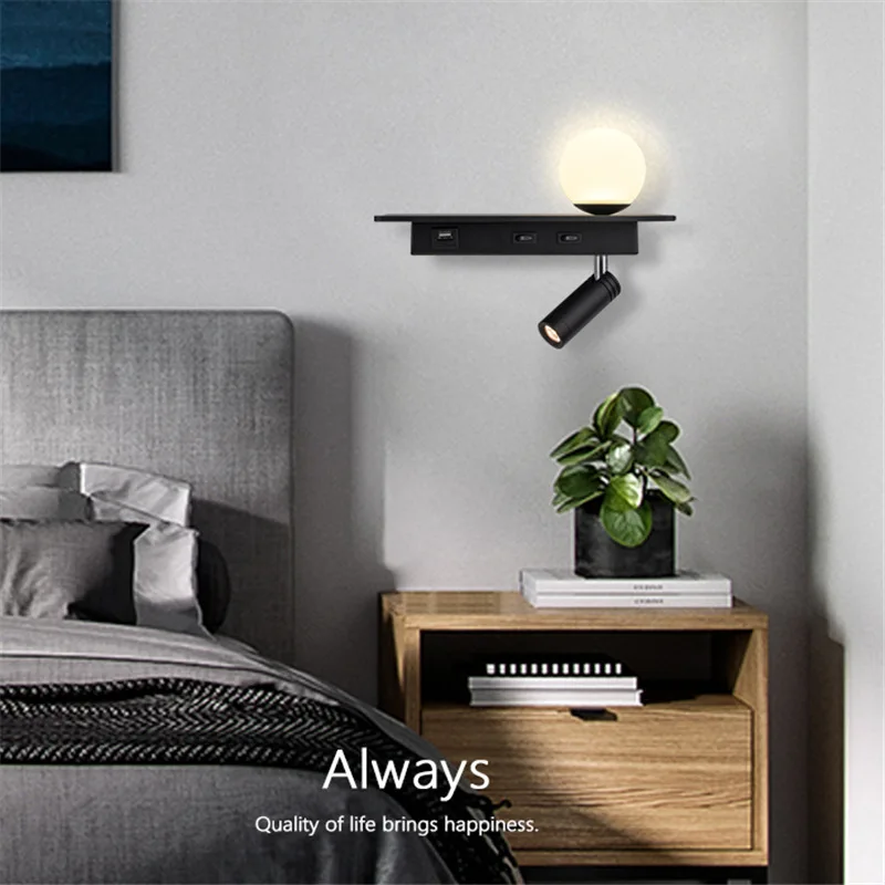 5W Modern Sconce With Shelf USB Charging LED Bedroom Bedside Wall Light With Switch 3W Adjustable Reading Wall Lamps Fixtures