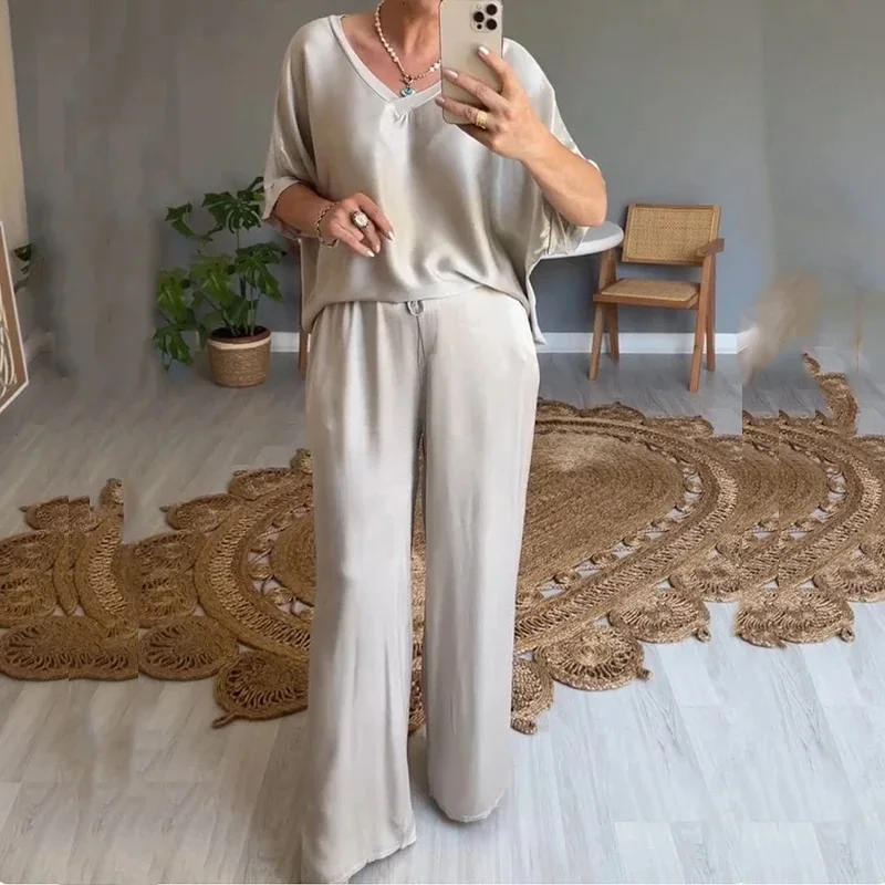 Plain V Neck Top Pullover and Wide-leg Pants Outfit Sets for Women Spring Loose Satin Suit Summer Short Sleeve T-shirt Two Piece