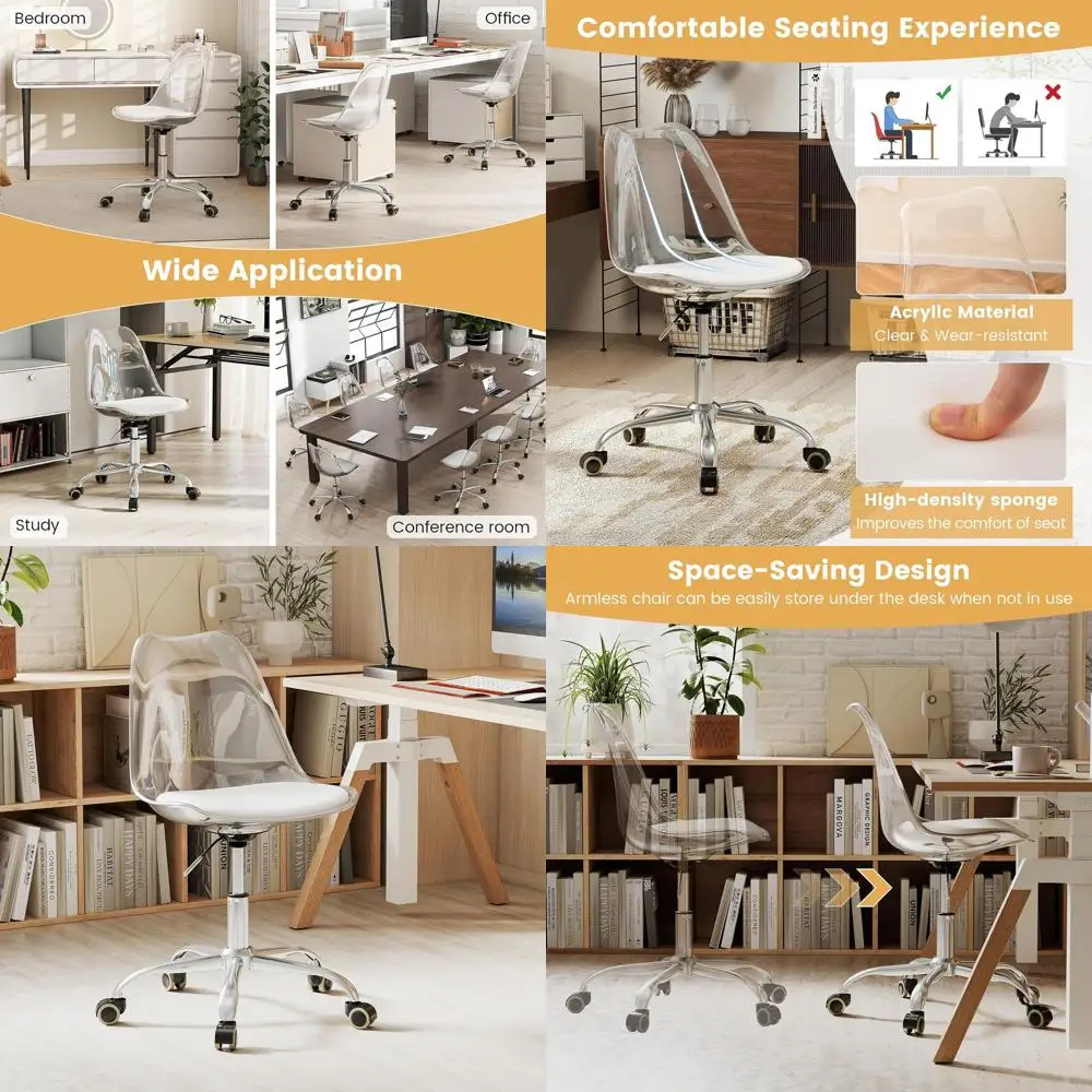

Прозрачное акриловое офисное кресло с сиденьем из искусственной кожи, современное поворотное кресло на колесиках для дома, макияжа и небольших помещений