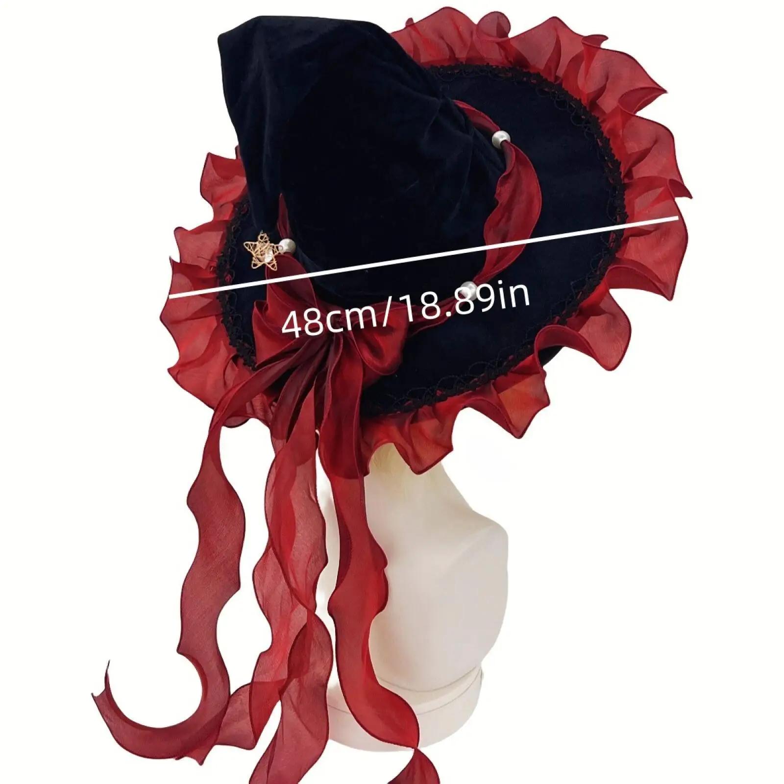 Halloween Witch Big Brim Hat Pointed Wizard Hat with Ruffle Lace Bow Gothic Lolita Witch Hat Halloween Costume Hat