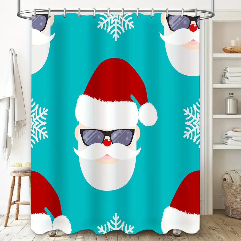 Santa Claus Christmas Shower Curtain with Sunglasses Pattern Waterproof Fabric for Bathroom Decorations Printed Holiday Decor