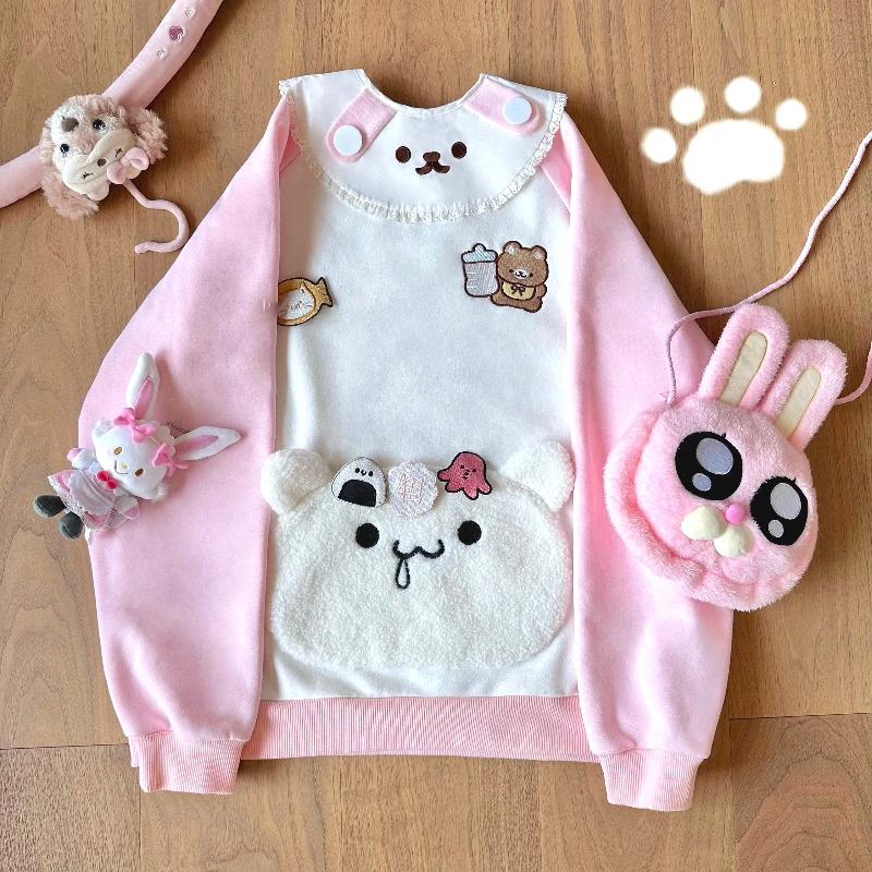 

Japanese Kawaii Pink Hoodies Women Cartoon Embroidery Bear Pocket Loose Sweatshirt Harajuku Y2k Aesthetic Cute Pullovers Moletom
