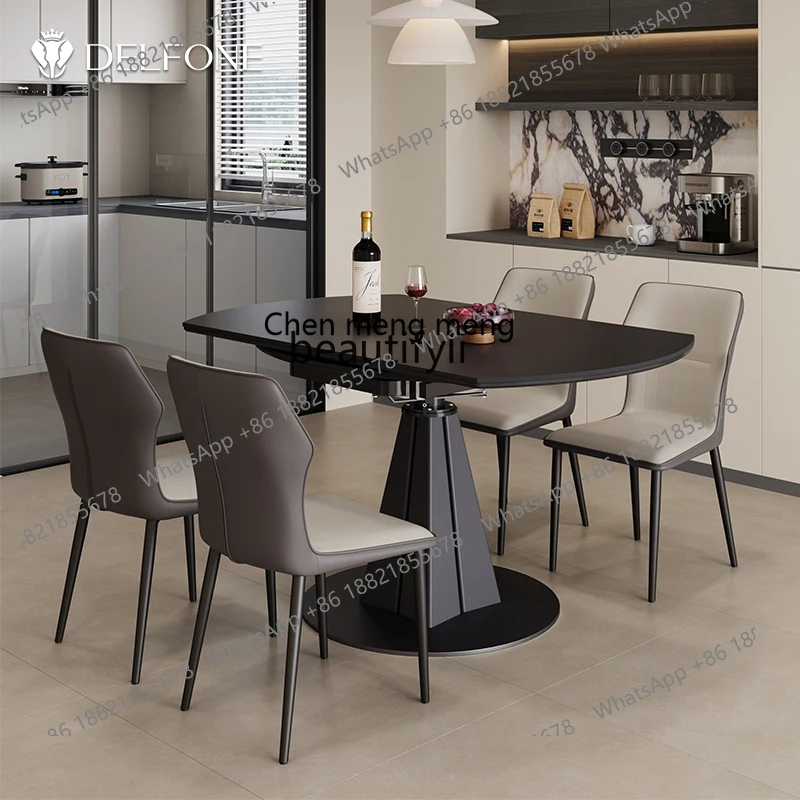 z183 Rotating and retractable rock slab dining round table, household dining table and chairs, square becomes round