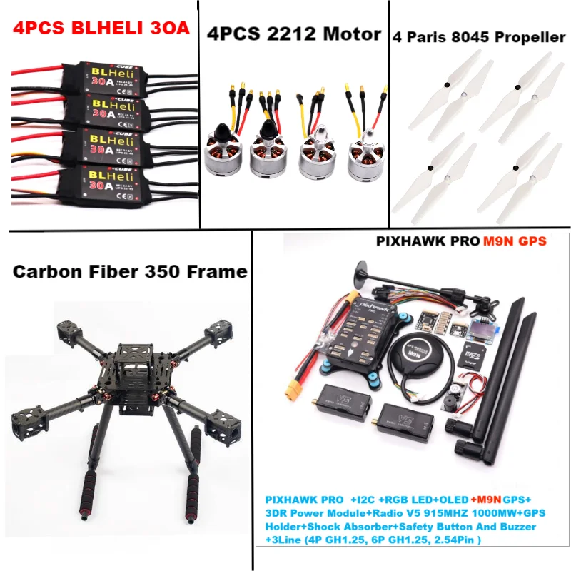 RctoSky คาร์บอนไฟเบอร์ 350 PIXHAWK PRO M9N KitFlight ควบคุม Ardupilot วิทยุ Telemetry Quadcopter BLHELI 30A 2212 มอเตอร์ ESC