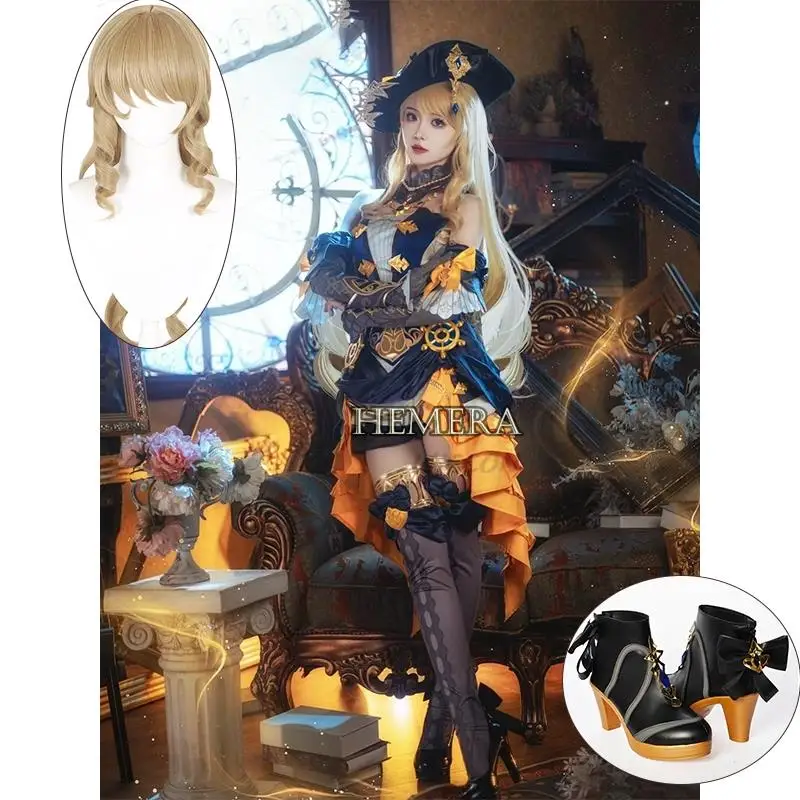 Genshin Impact Navia Cosplay Kostüm Perücke Hut Set Frauen Kleid Uniform Halloween Party für Mädchen Hut Ohrringe