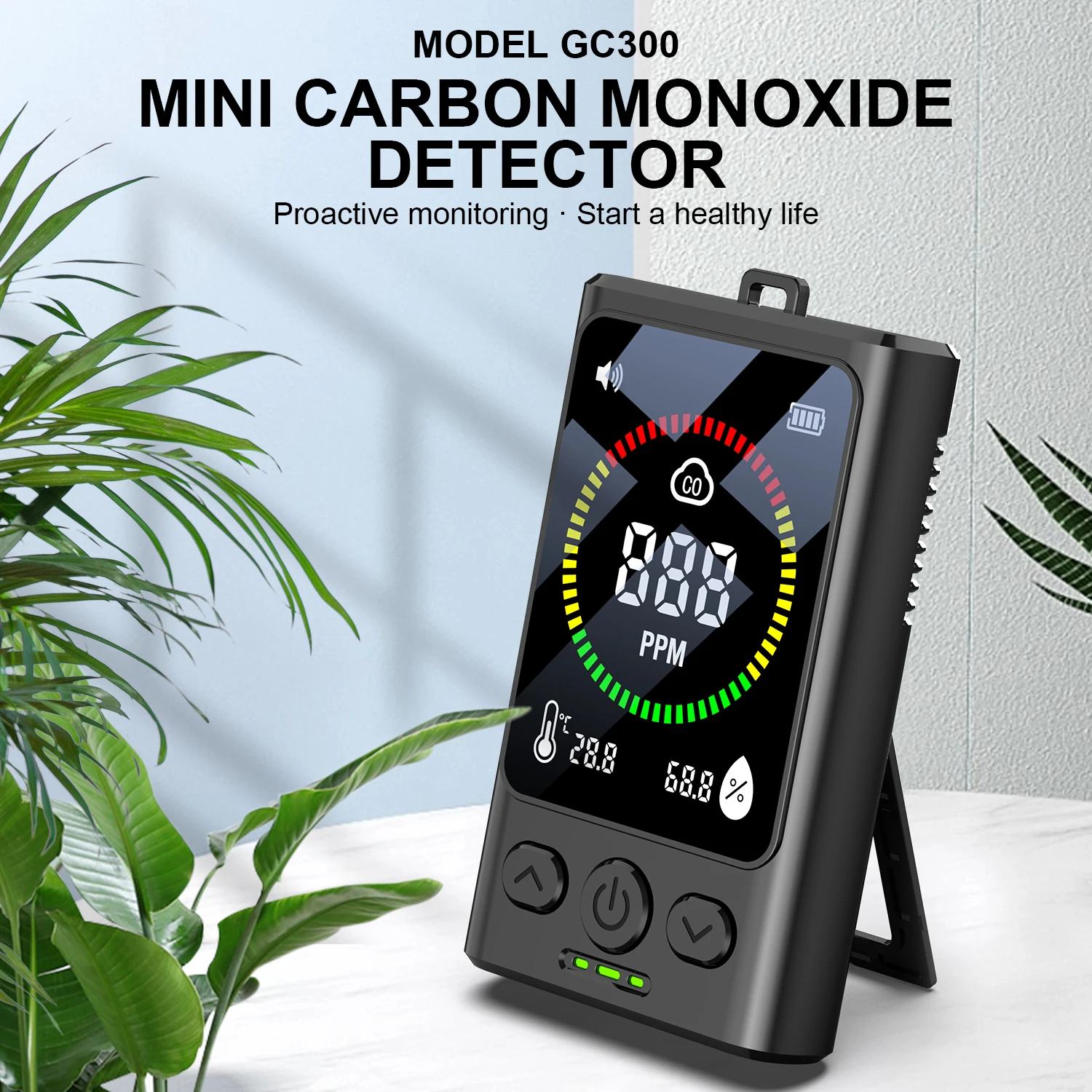 Rechargeable 3-in-1 CO Carbon Monoxide Detector LCD Display Temperature Humidity Monitor for Indoor Home Hotel Travel