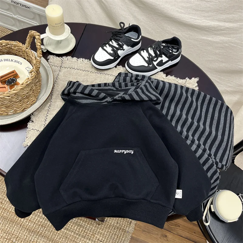 

2025 New Winter Children's Solid Color Hooded Sweatshirt and Loose Striped Pants Two-piece Set