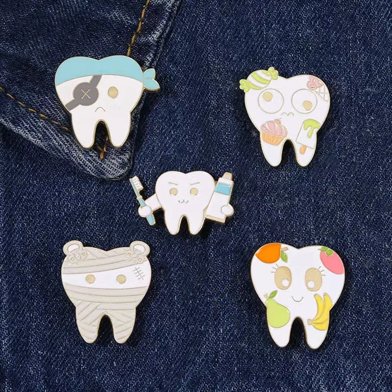 Fruit Cake Dessert Teeth Enamel Pins Healthy Tooth Guards Against Decayed Teeth Brooches Backpack Dentist Jewely Gifts Wholesale