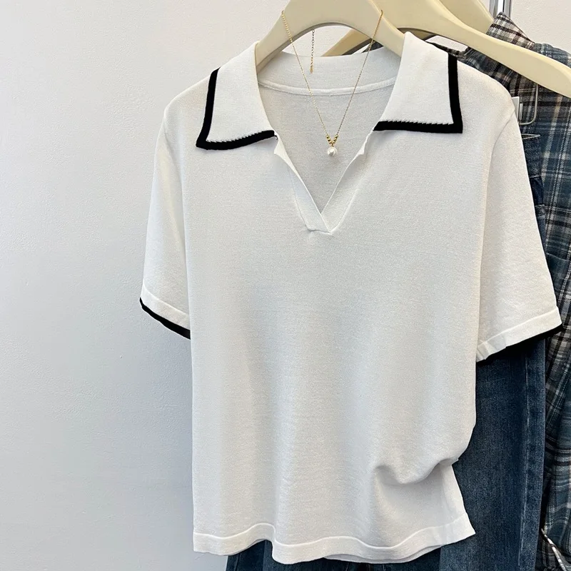 

POLO collar 100% cotton short-sleeved T-shirt women's summer new positive shoulder lapel knit thin short-sleeved top