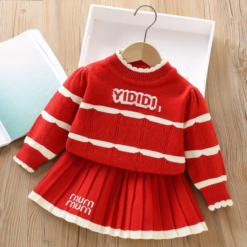 

Korean Striped Letter Printed Knitted Sweater+Skirt Red Christmas Sets Autumn Winter Fashion Soft Baby Girl Clothes 2-6 Year Old