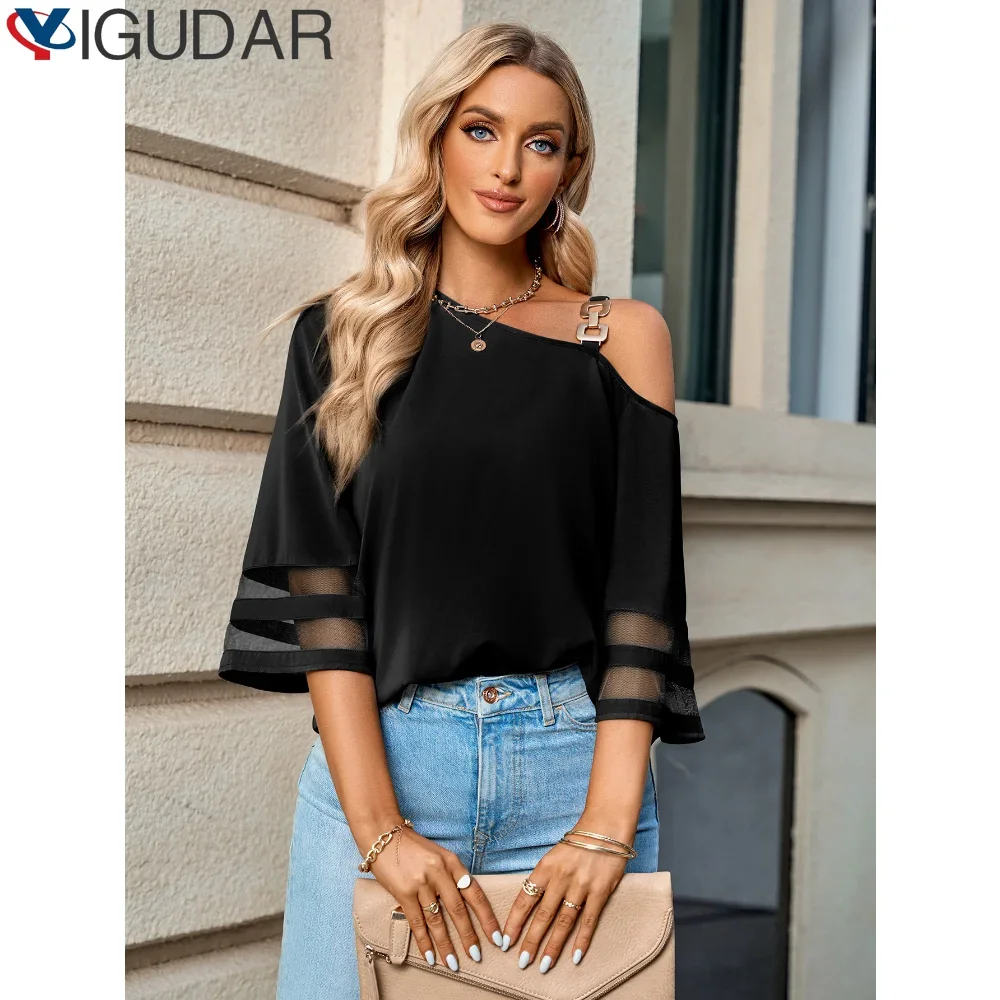 

Summer Y2k Oversized T Shirt Flare Sleeve Fashion Casual Non Strech Metal Buckle Single Shoulder Top For Women T Shirt tees