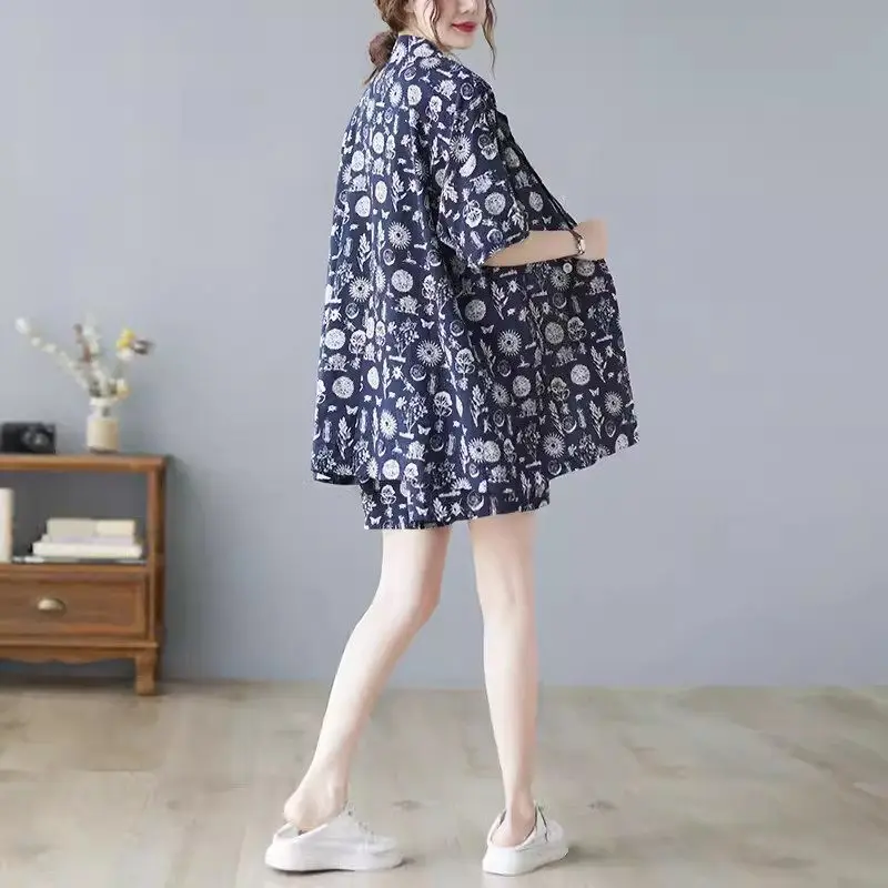 Fashion Outfit Women's Summer Art Large Cotton And Linen Shorts Suit Coat Slim Wide Leg Shorts Floral Thin Two Piece Set k1308