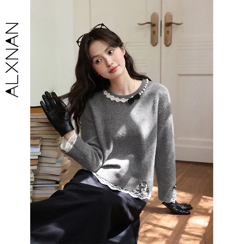 

ALXNAN серый свитер с круглым вырезом, кружевной лоскутный жемчужный бант, свободный женский пуловер, осенний элегантный универсальный женский топ L58715