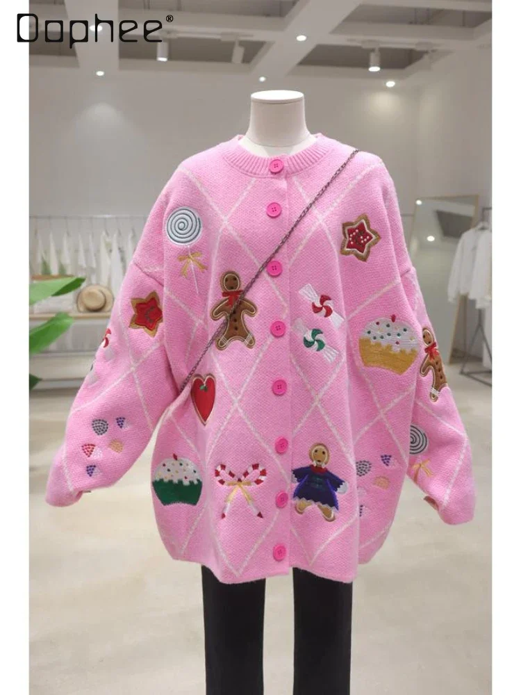 

Thick Heavy Industry Exquisite Cartoon Embroidered Sweater 2024 Autumn and Winter Loose Thickened Crew Neck Sweater Jacket Women