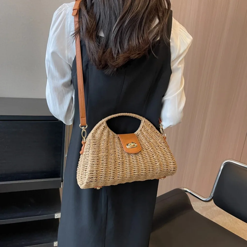 Summer Vacation Beach Bag For Women Khaki Straw Bag Rattan Handmade Designer Hobo Purse Lady\'s Big Round Handle Clutch Bag