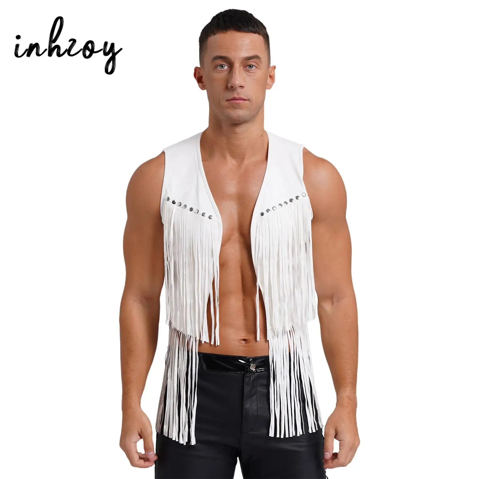 

Men's Western Cowboy Vest Fashion Rivets Fringe Waistcoat Faux Suede Leather Suit Punk Rock Sleeveless Jacket Halloween Costume
