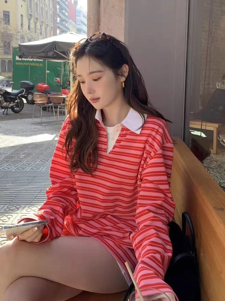 

Clothland Women Sweet Striped Blouse Polo Neck Long Sleeve Loose T Shirt Pullover Sweatshirt Female Chic Tops Mujer HA593