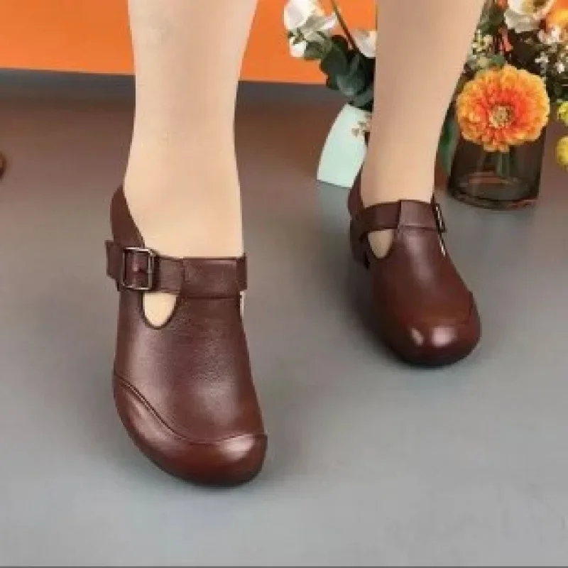 

Fashion Handmade Retro Style Women Platform Shoes 2024 Spring Summer Genuine Leather Wedges Heel Shallow Casual High Heels Shoes
