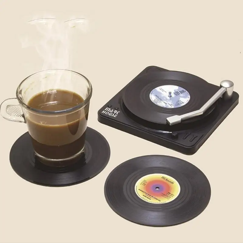 Set of 6 Vinyl Coasters for Drinks Music Coasters with Vinyl Record Player Holder Creative Retro Record Disk Coaster Mug Pad Mat view 2