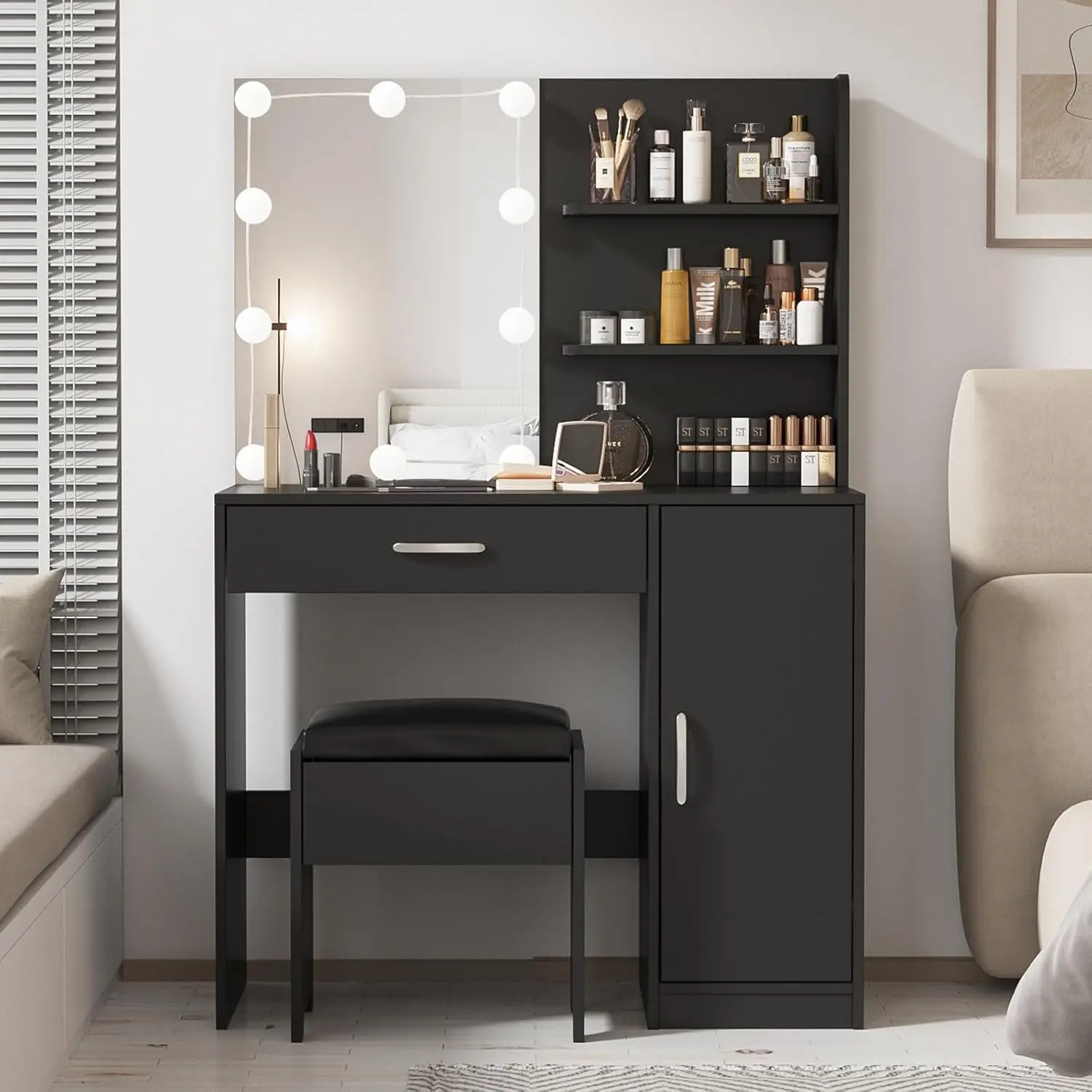 with Lighted Mirror, Desk Drawer and Storage Cabinet, Dresser Mirror Dressing Table for Bedroom, Bathroom