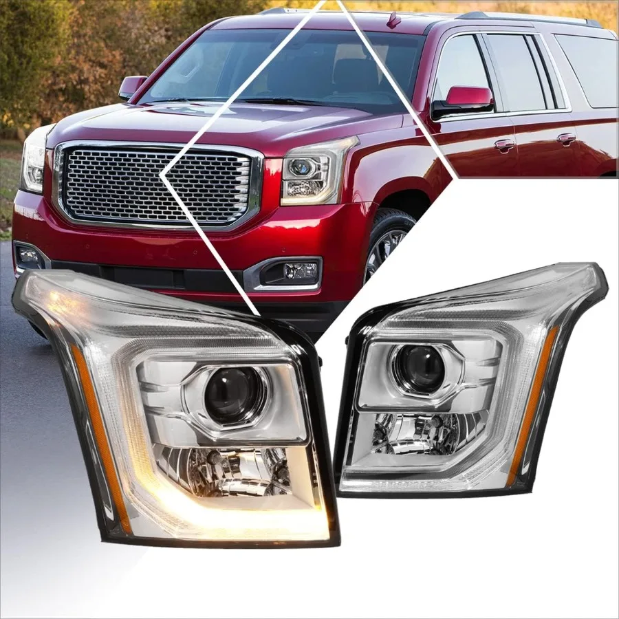 

Compatible with 15-20 GMC Yukon XL Headlight Assembly,C-Shape LED DRL+Projector,Chrome Housing Amber Corner