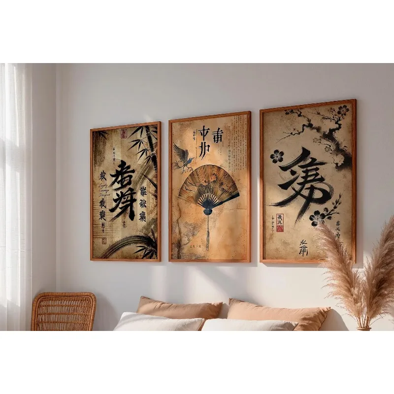 (3PCS Unframe)Vintage Japanese Calligraphy Art: Set of 3 Zen Wall Prints Traditional Ink Brushwork Decor Rustic Asian Aesthetic