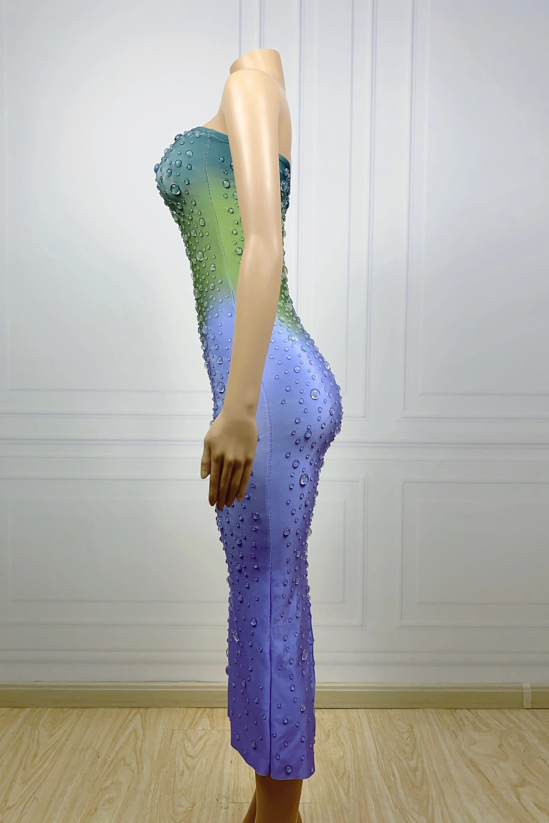 생일 축하 실버 라인스톤투명 블루 메쉬 드레스 여성 댄서쇼 이브닝 의상 프로 파티