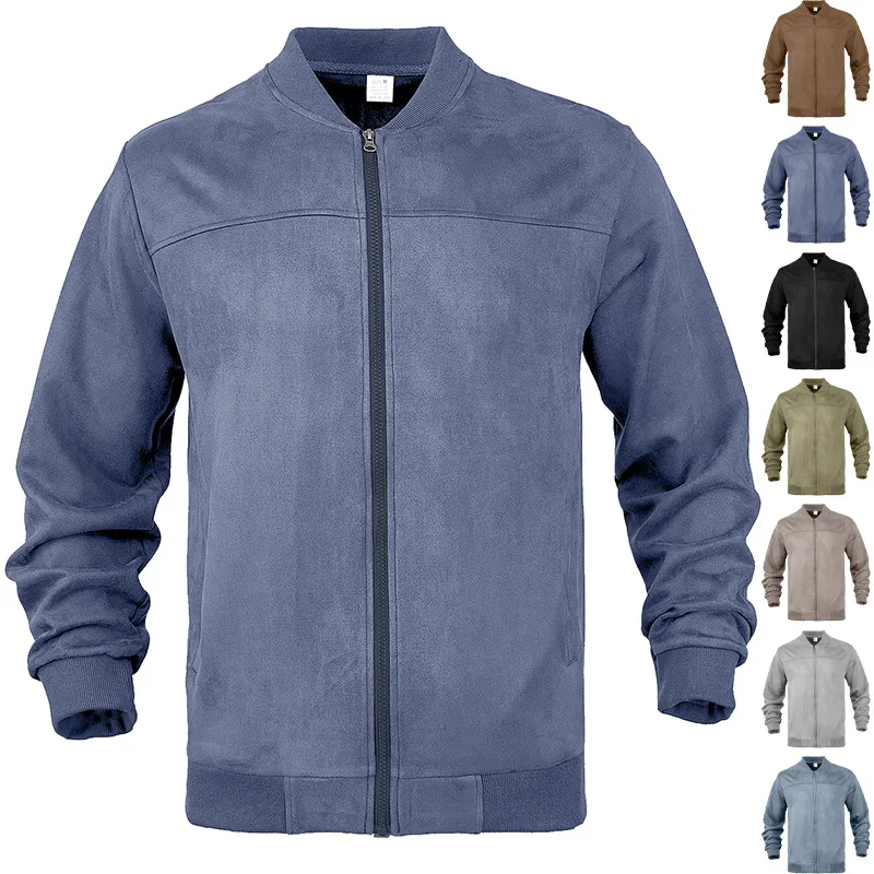 European and American men's suede solid color casual sports stand up collar zipper jacket long sleeved jacket cardigan