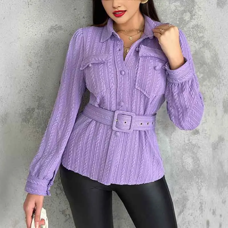 Elegant Purple Long Sleeved Blouses Lapel High Waist Tie Shirt for Women Spring Autumn 2024 New Single-breasted Women Shirts