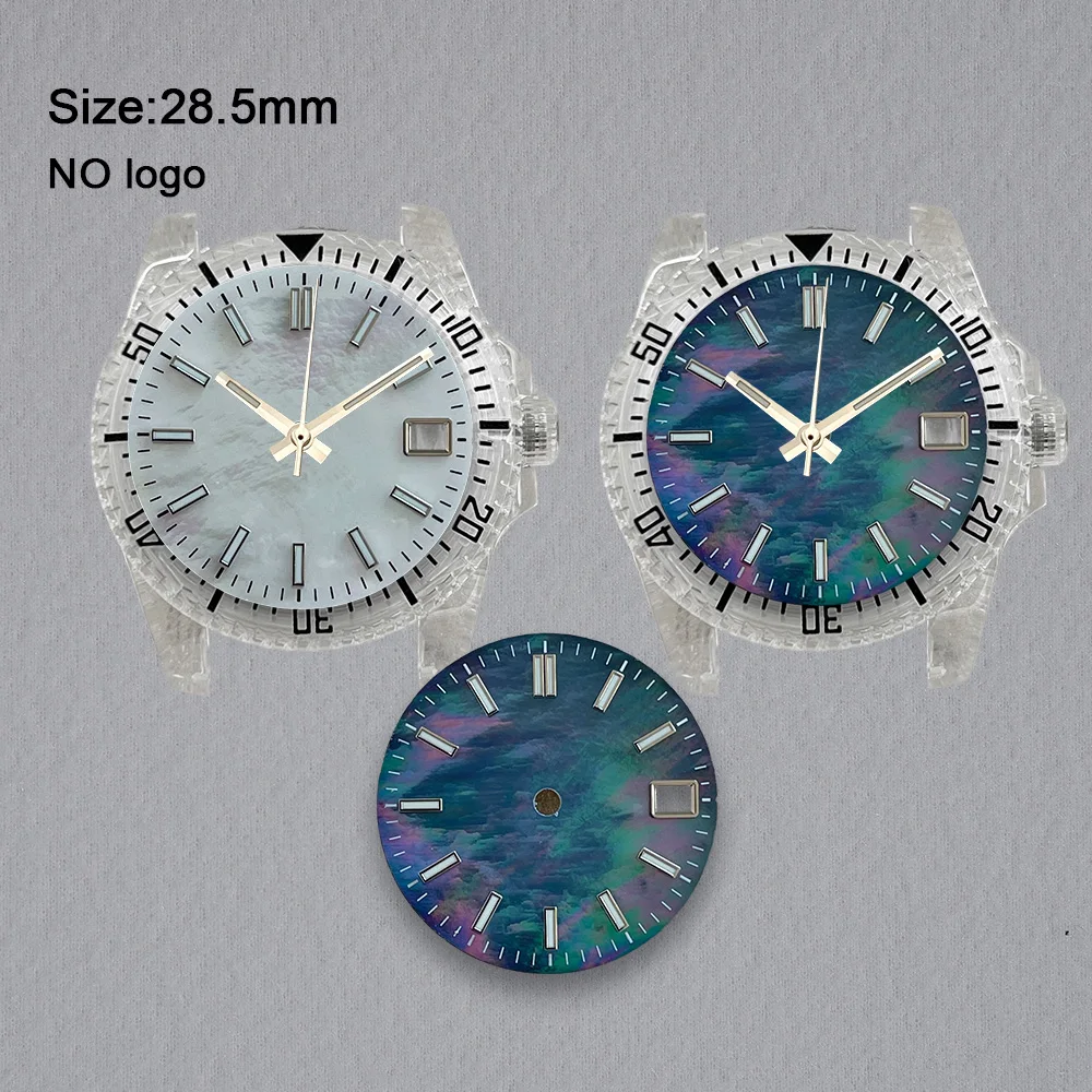 No Logo 28.5mm Pearl Blank Dial For NH35 Movement Green Luminous Custom Logo Watch Dials Hands Accessories Repair Tools