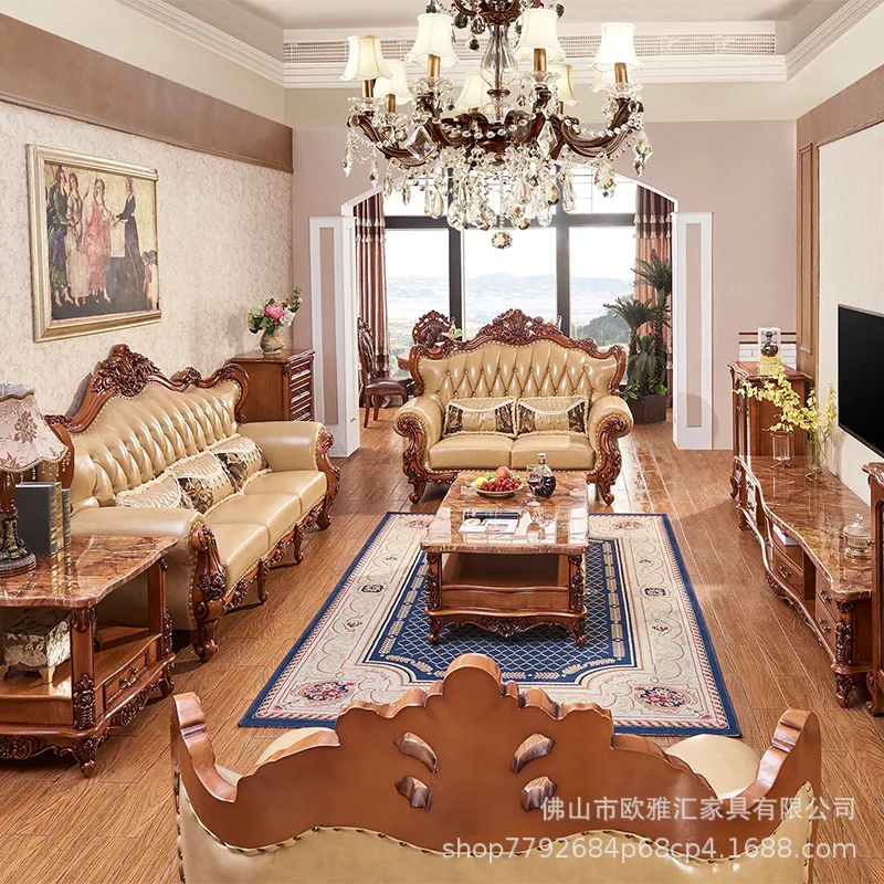 European Leather Sofa 123 Combination American Solid Wood Suite Villa First Floor Cowhide Living Room Luxury Retro Wholesale