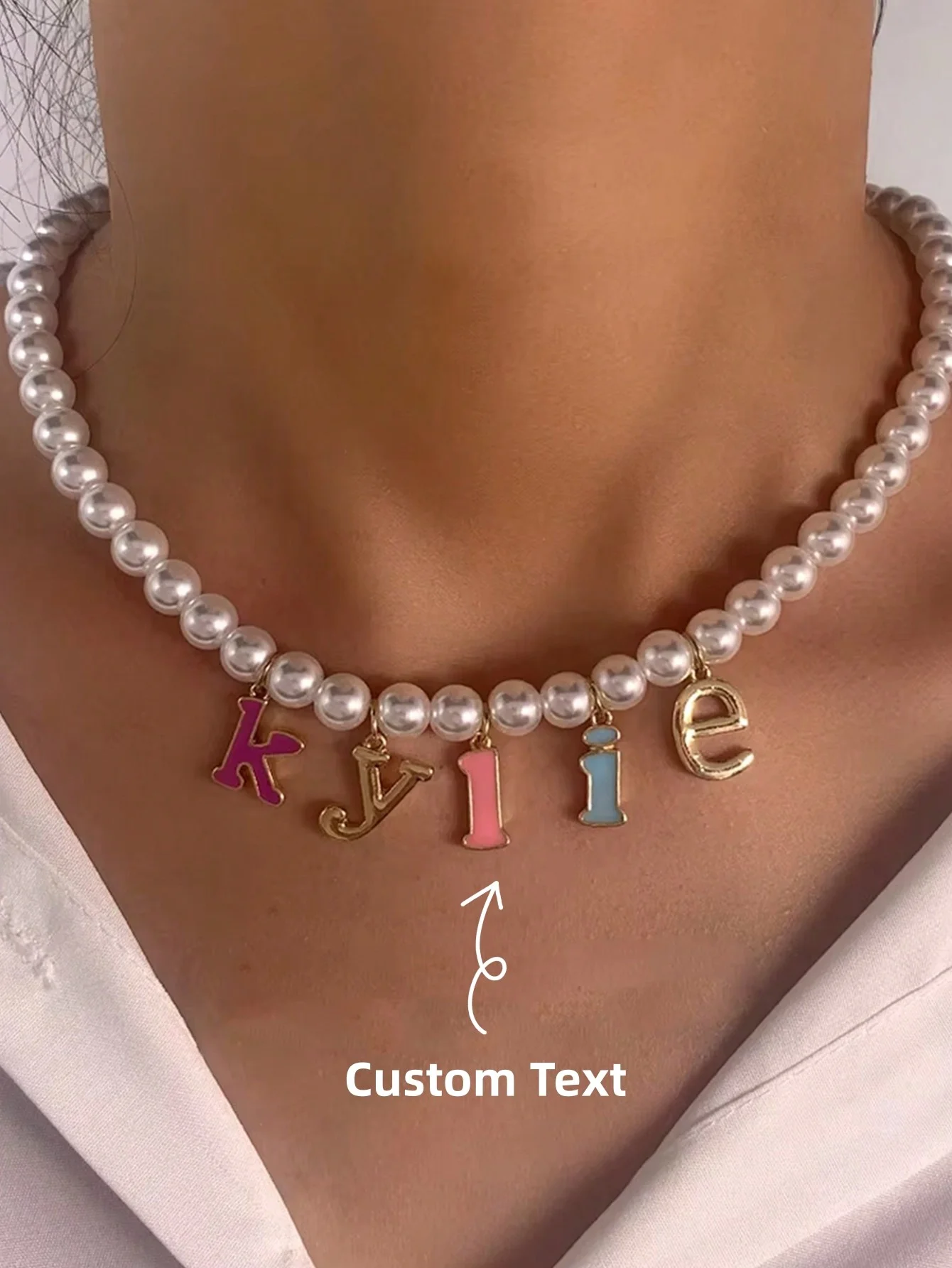 

Customized Colorful Letter Name Necklace For Women Personalized Enamel Letter Faux Pearl Necklace Engagement Wedding Jewelry