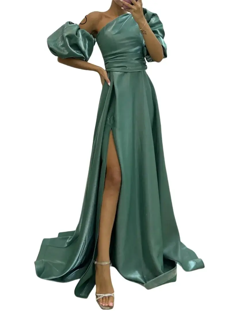 Taffeta Simple Women Formal Dress, Side Slit, Customized Sheath Long Prom Dresses for Party Evening Dinner Lace-up Back