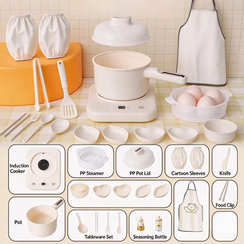 Mini Real Cooking Kitchen Set Kids Pretend Play Real Cook Toy Full Kit Girls Birthday Gift Parent-child Interactive Play