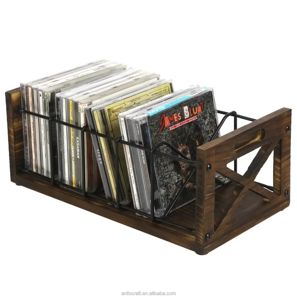 My Gift Matte Black Metal Wire Vertical Compact Disc Holder with And Burnt Wood Base, Tabletop Storage CD Display Rack