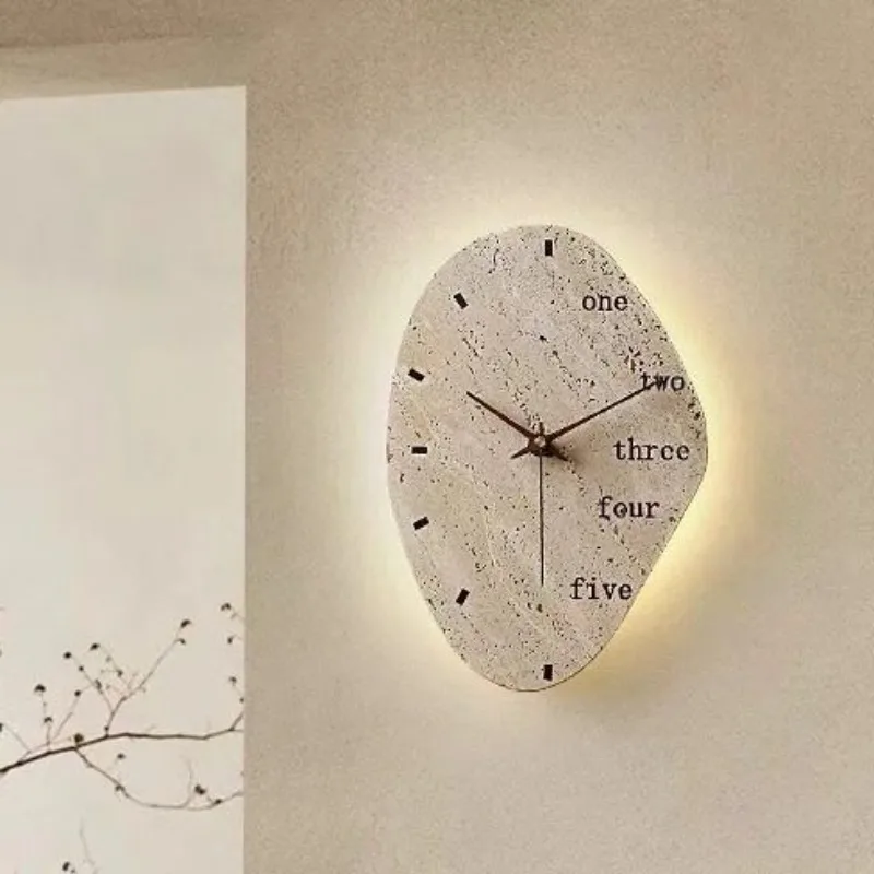Mid Century Yellow Travertine Wall Sconce Clock Light Vintage Stone Wall Lamp for Living Room TV Background
