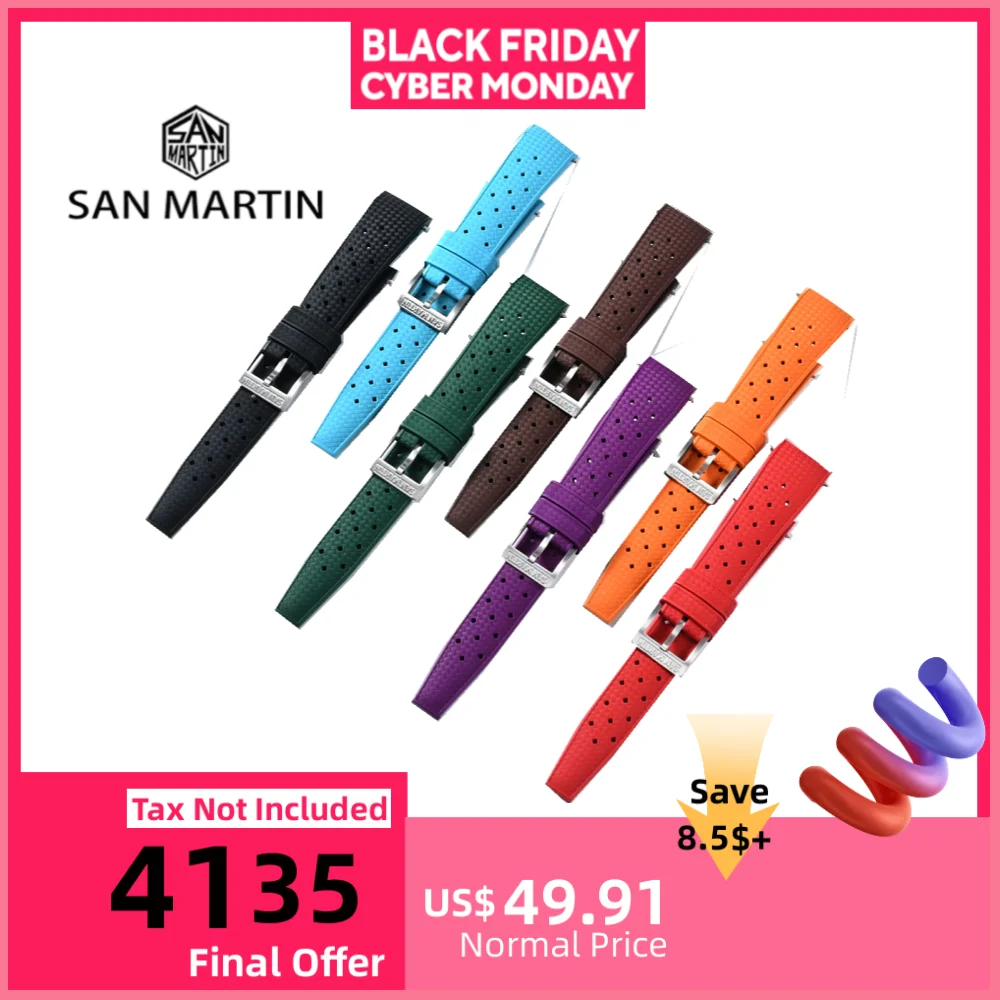 

San Martin Premium Tropical Fluorine Rubber Watchband Curved Ends For SN0144 Watch Strap 19/20/21mm Colorful Durable Waterproof
