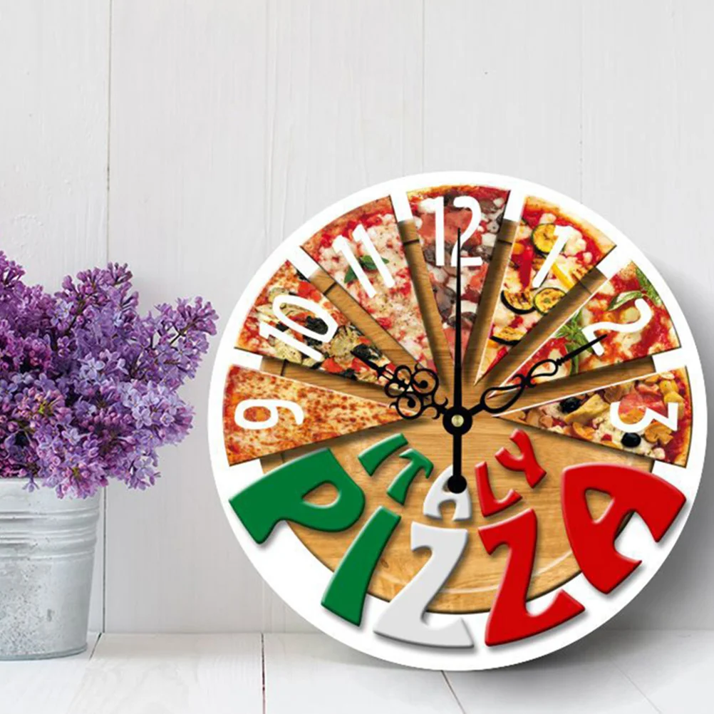 Pizza Wall Clock Decorative Clocks Craft Large Round for Living Room Decors Fiber Wood Modern Style Non Ticking Kitchen Office