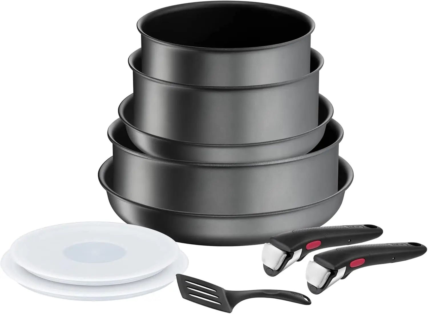 

10 piece Non-Stick Induction Pan Set, 22&26cm Frying pans, 18&20cm Saucepans, 24cm Sautepan, 18&20cm Hermetic Lids, Spatula, 2 B
