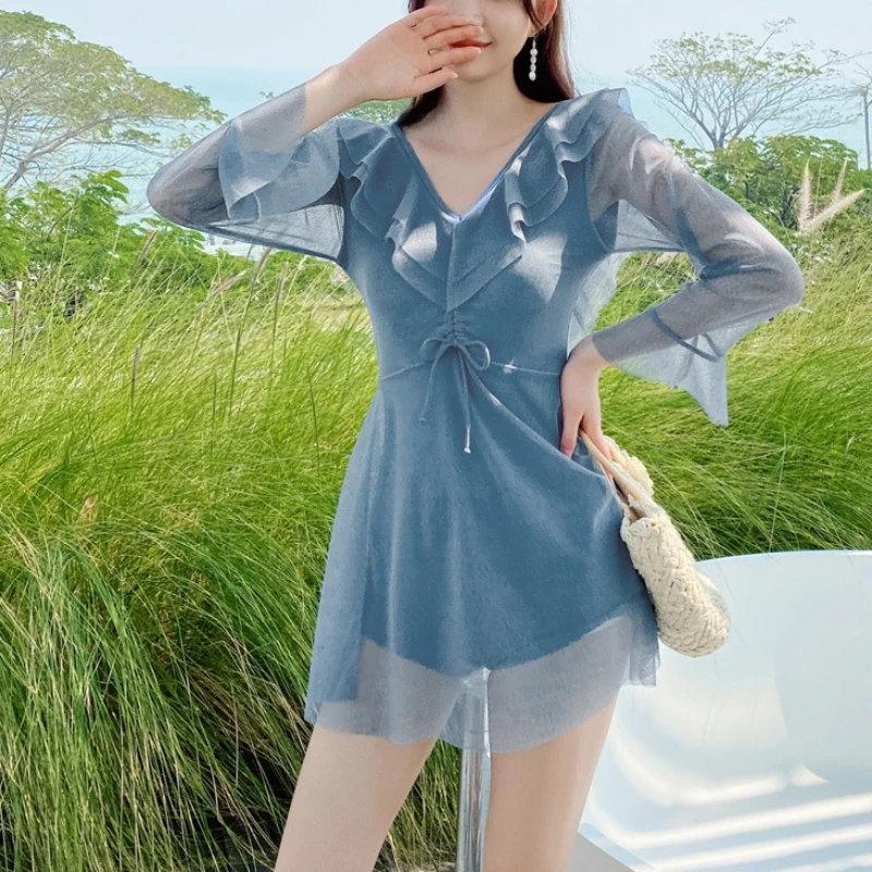 Summer Solid Sexy Backless Swimsuit Women Long Sleeve Deep V Ruffle Slimming Belly Covering One-piece Dress Beach Clothes 2024