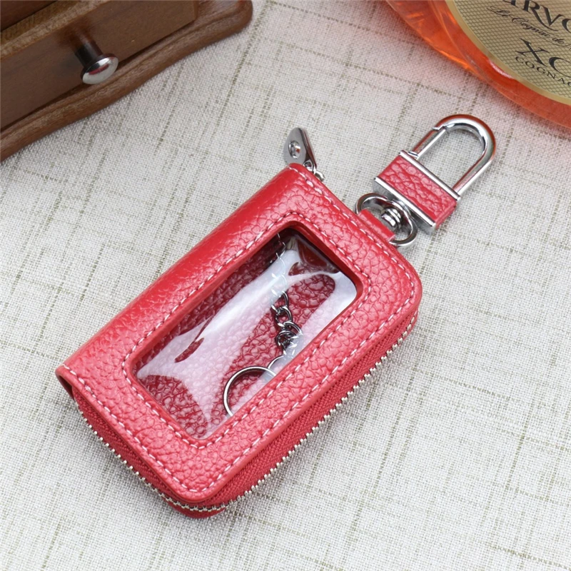 Couro feminino Zipper Square Key Case, Porta-chaves do carro, Organizador de casa, Saco de janela transparente, Cadeia carteira