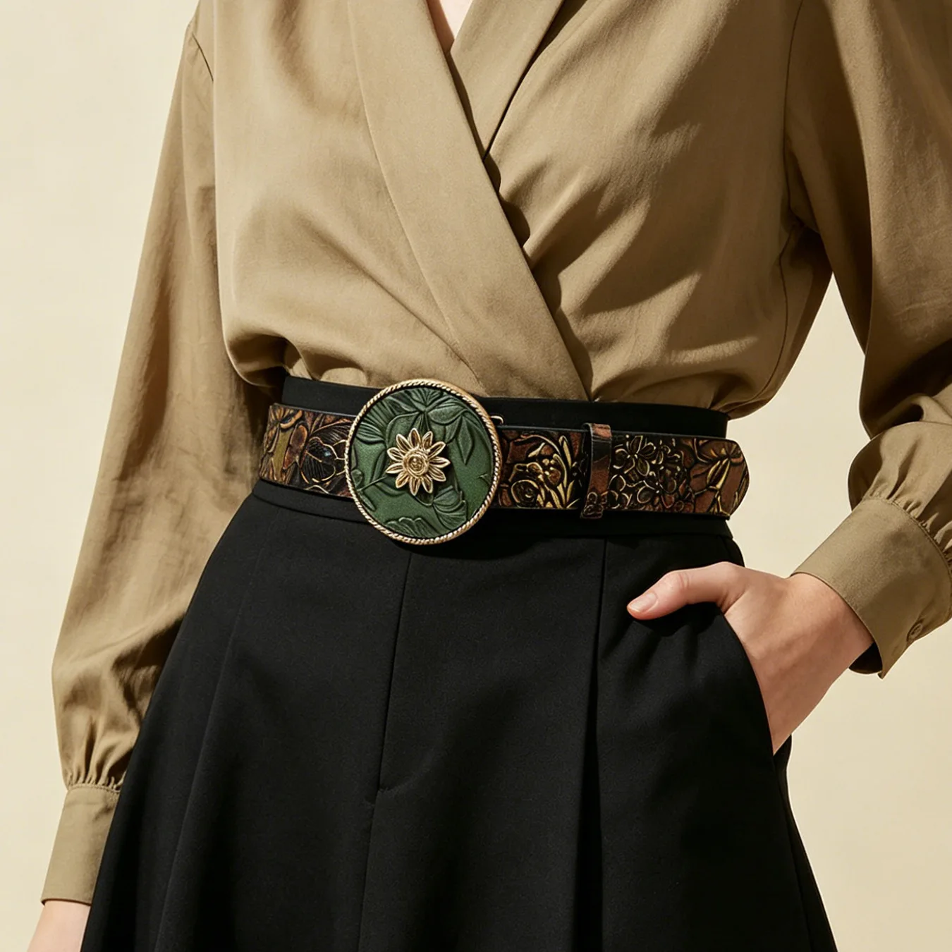 Vintage Floral Buckle Waist Belt Two-Tone Embossed Unisex Waistband Retro Distressed Decorative Accessory Vintage Waist Strap