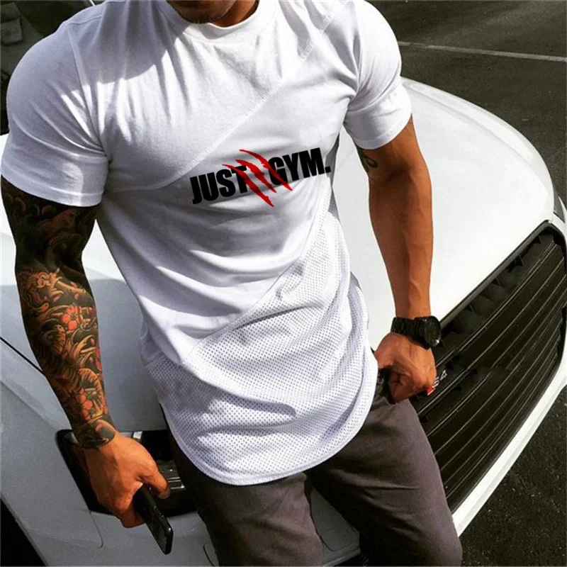 

Men's Fitness Running Sport T-Shirts Gym Bodybuilding Training Short Sleeve Shirts Casual Cotton Patchwork Mesh Brand Clothing