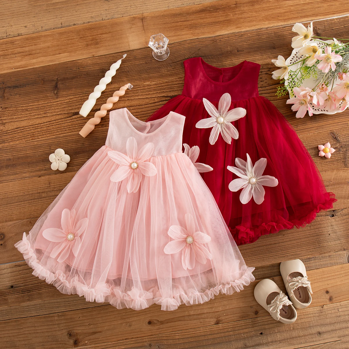 Baby Girl Dresses Summer Bow And Daisy Pattern Halter Mesh Solid Color Fluffy Girl Kid's Dress Cute Casual Baby Dresses