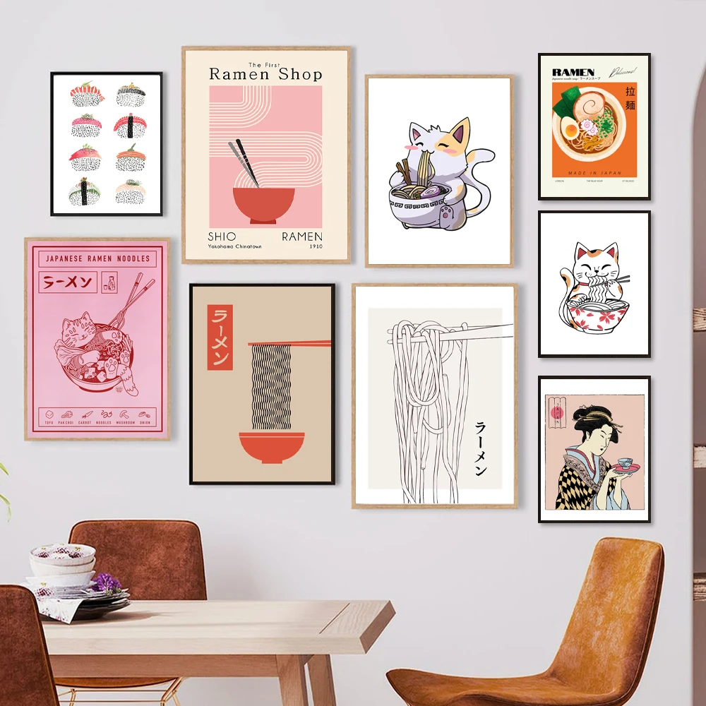 (No frame)Japanese Ramen Noodles Cat Illustrated Art Print Watercolor Sushi Poster Kitchen Wall Art Canvas Painting Japan Res