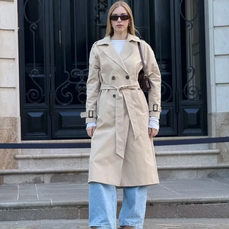 

Tuularose Women Fashion With Belt Solid Double Breasted Trench Vintage Lapel Neck Long Sleeves Female Chic Lady Outfits Outwear