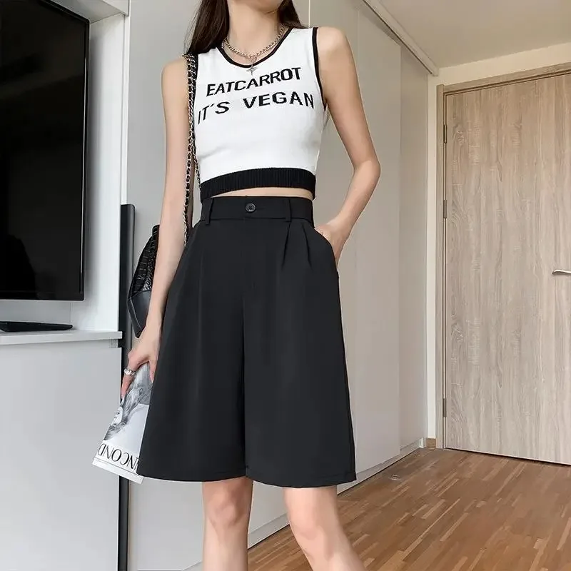 Women Suit Shorts Summer Baggy Solid Wide Pants Korean Fashion Casual Bottoms High Waisted Classic Shorts Y2k Clothing