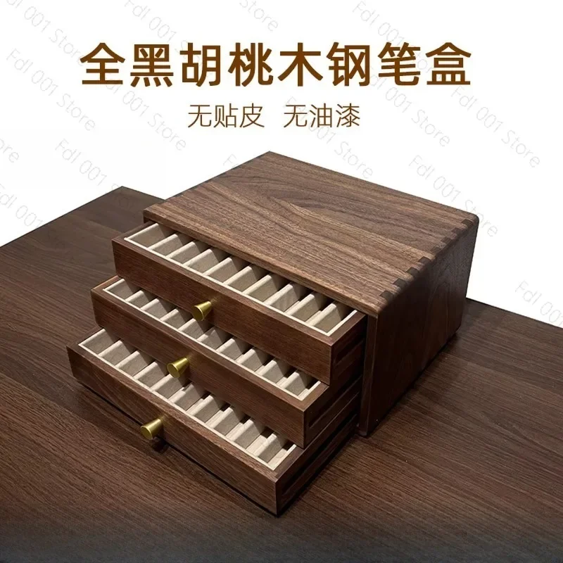 Black Walnut Wood Drawer Storage Box Large Capacity Brass Handle Desktop Pen Organizer Display Case