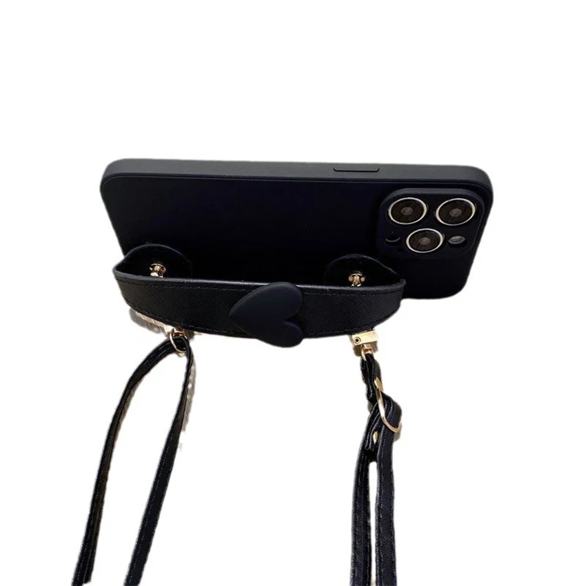 아이폰 16 15 14 13 Pro 12 11 Max Plus 16Pro 브라켓 폰 케이스 가죽 크로스바디 소프트 15Pro 커버 러브 손목 스트랩 폰 케이스